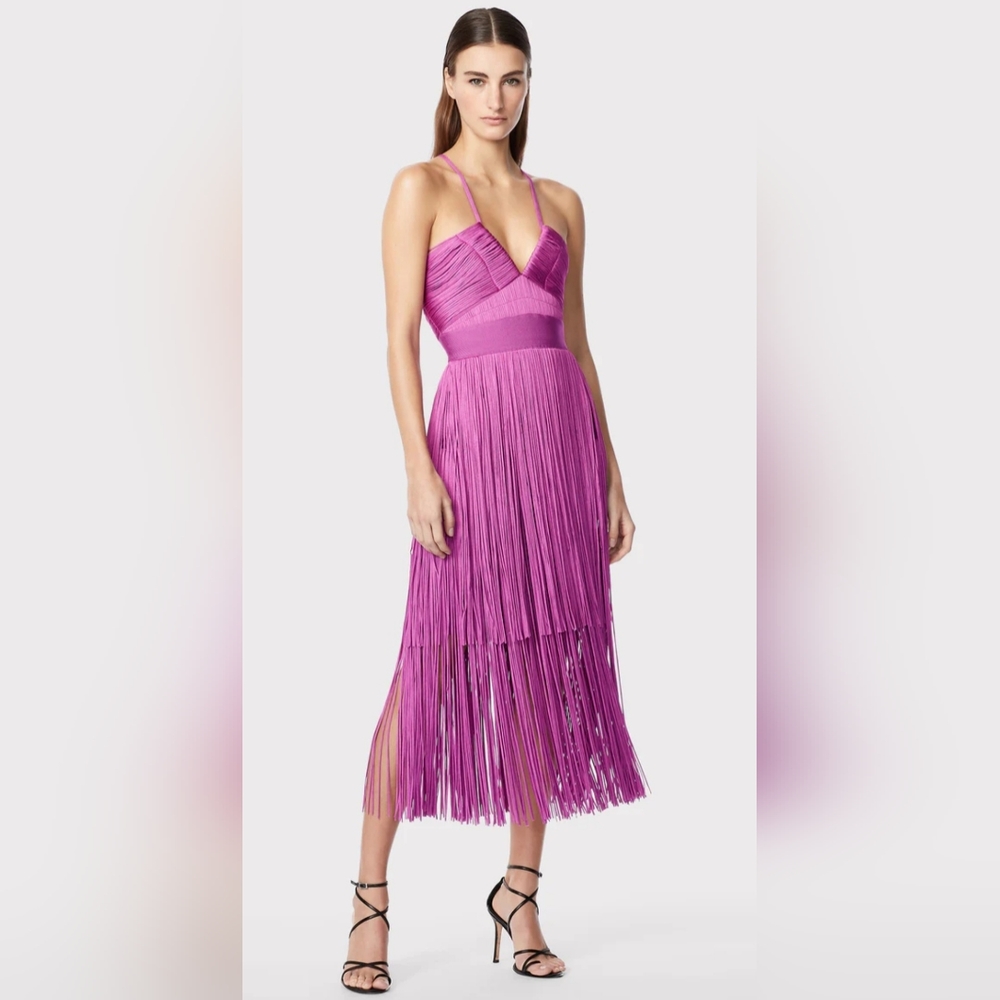 Herve Leger Plunging Strappy Fringe Midi Dress